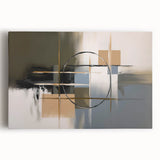 Abstract geometric stretched canvas artwork showcasing vibrant shades of blue, orange, and yellow, perfect for modern home decor or office spaces.