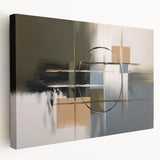 Abstract geometric stretched canvas artwork showcasing vibrant colors and bold shapes, ideal for modern decor. Side view highlights the canvas depth and texture, perfect for adding a contemporary touch to any room.