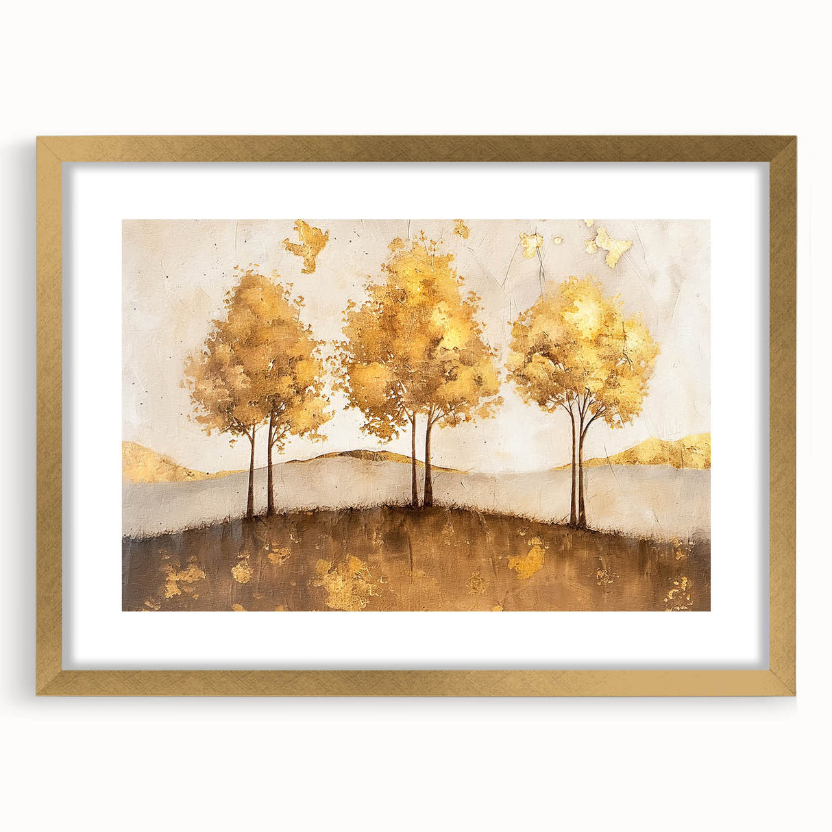Abstract landscape wall art framed in gold with a mat, showcasing vibrant colors and intricate designs, perfect for modern home decor or office spaces.