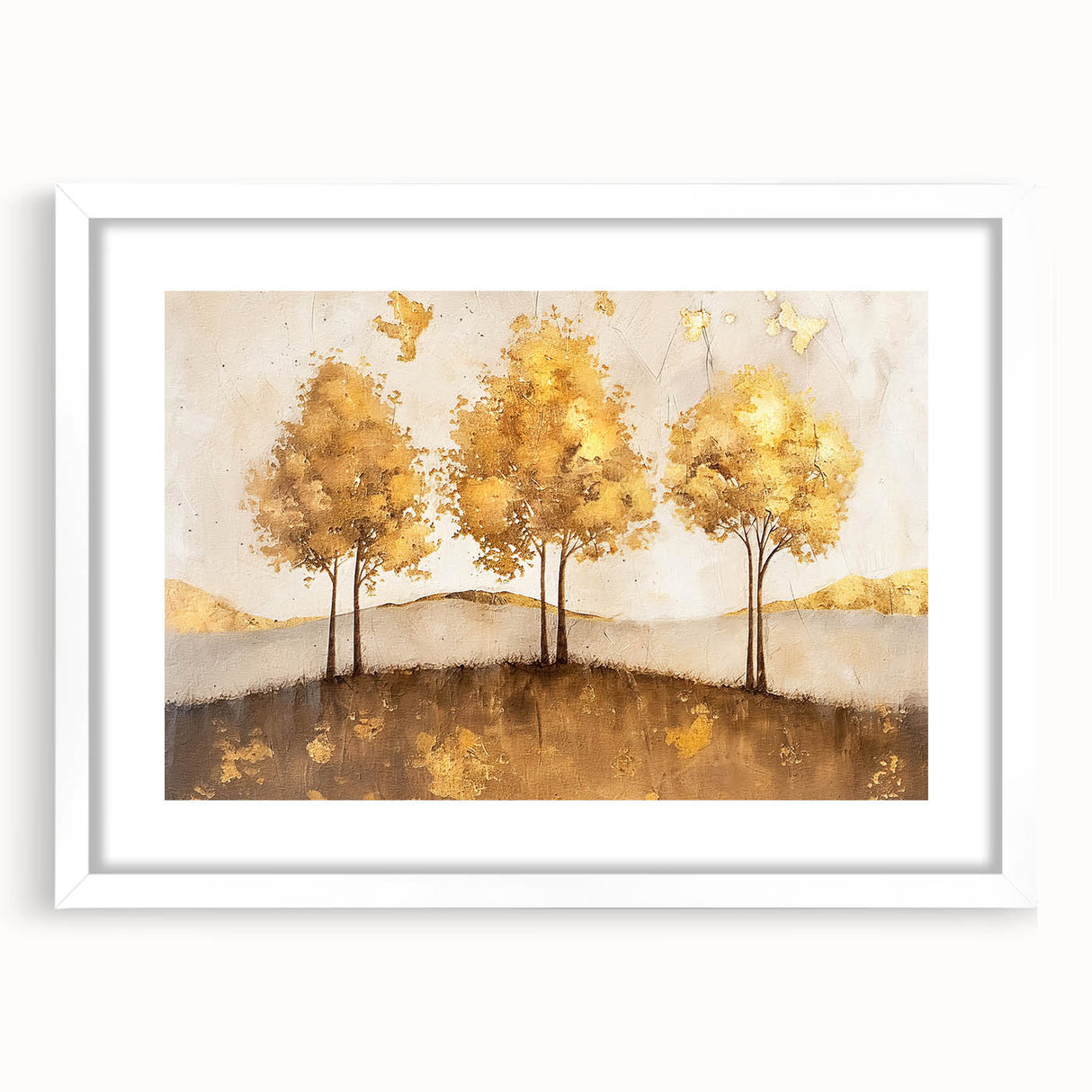 Abstract landscape wall art framed with a white mat, showcasing a vibrant blend of colors and textures, perfect for modern home decor in living spaces or offices.