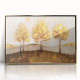 Framed abstract landscape wall art featuring rich gold accents and vibrant colors, designed to enhance modern home decor aesthetics. The piece showcases a striking blend of textures and hues, perfect for adding elegance to any living space.