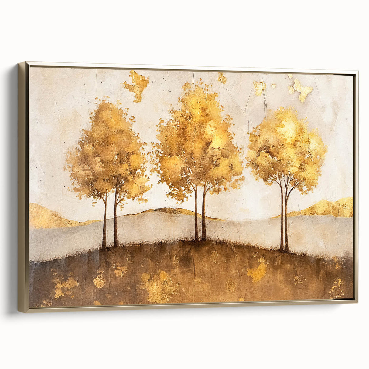 Framed canvas wall art showcasing an abstract landscape design in gold hues, displayed in a modern setting, emphasizing elegance and sophistication.