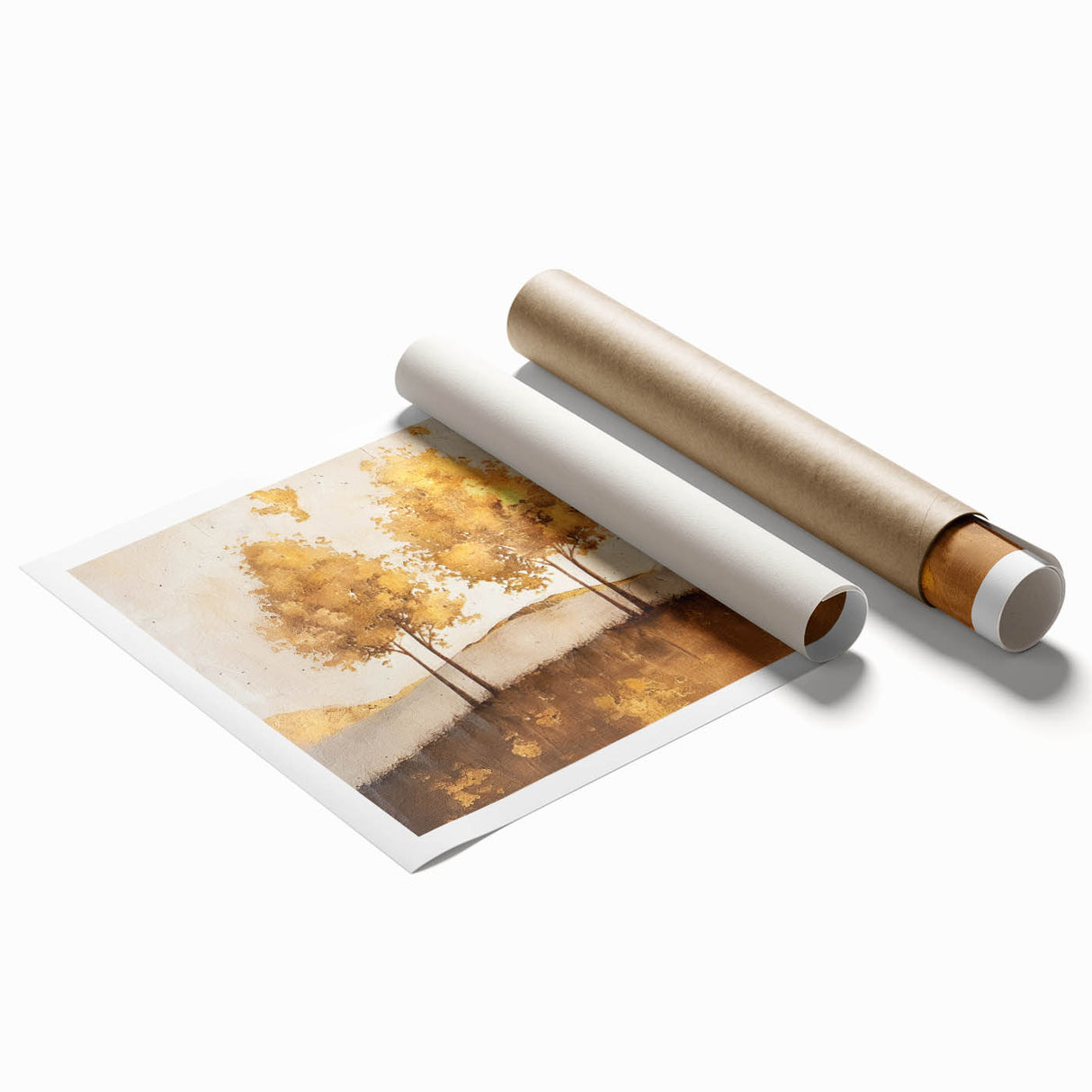 Abstract landscape wall art print showcasing vibrant colors of blue, green, and orange, rolled and ready for framing, perfect for modern home decor.