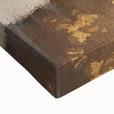 Close-up of a vibrant abstract landscape wall art print on stretched canvas, showcasing rich colors of blue, green, and gold, perfect for modern decor.