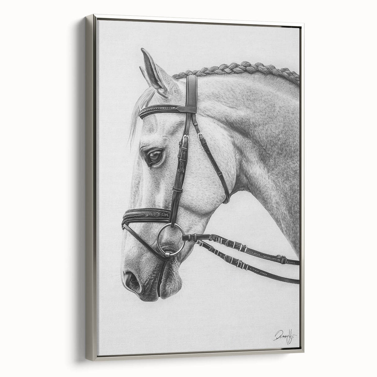 Framed canvas artwork showcasing a stunning design of animals in vibrant colors, set against a silver frame, highlighting its elegant side view and artistic detail.