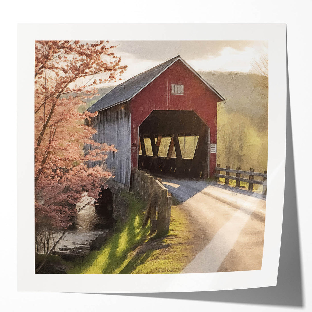 Covered bridge in autumn portrayed on a glossy photo print, utilizing earthy red and orange tones.