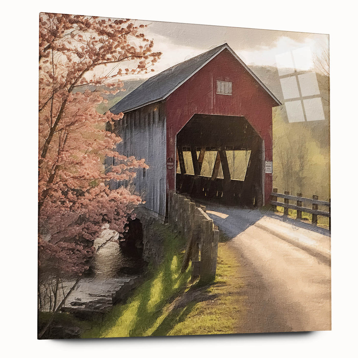 Side view of a large abstract wall art featuring a covered bridge design on acrylic glass.
