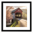 Extra large abstract art print of a colorful, textured covered bridge, framed in black, ideal for living room decor.