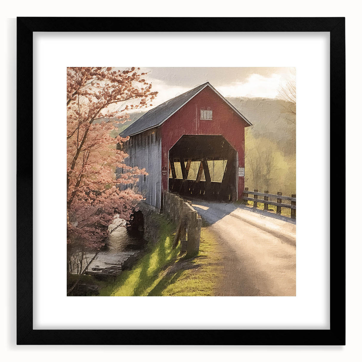 Extra large abstract art print of a colorful, textured covered bridge, framed in black, ideal for living room decor.