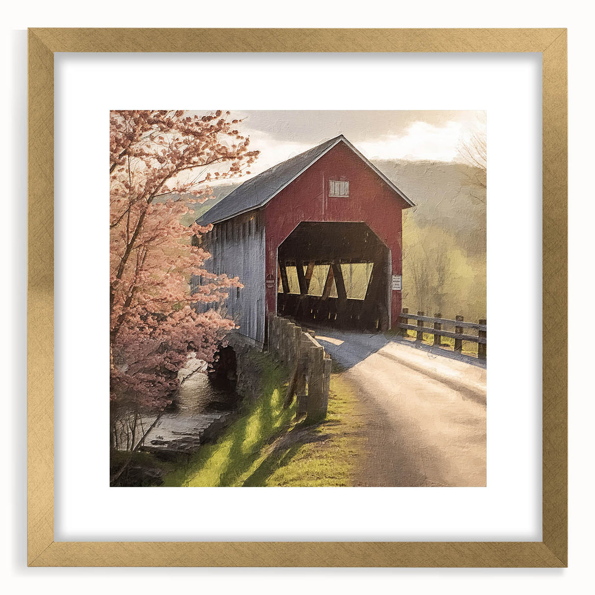 Extra large abstract art print of a textured, covered bridge in muted earth tones, framed in gold.