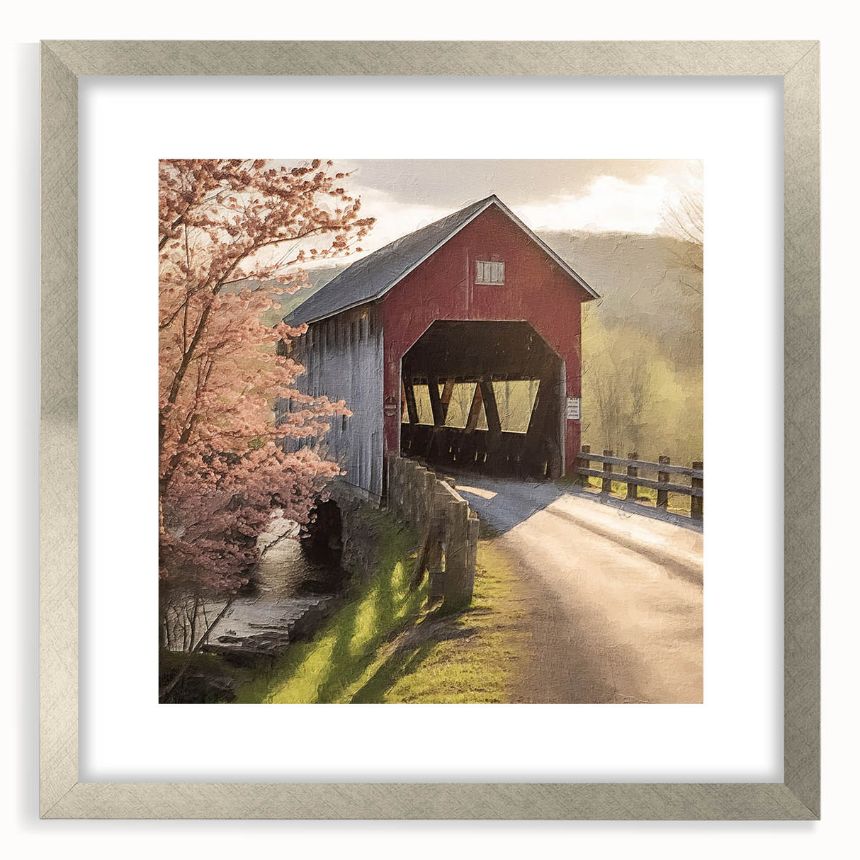 Textured art depicting an abstract covered bridge in muted gray and silver tones, framed with a silver mat.