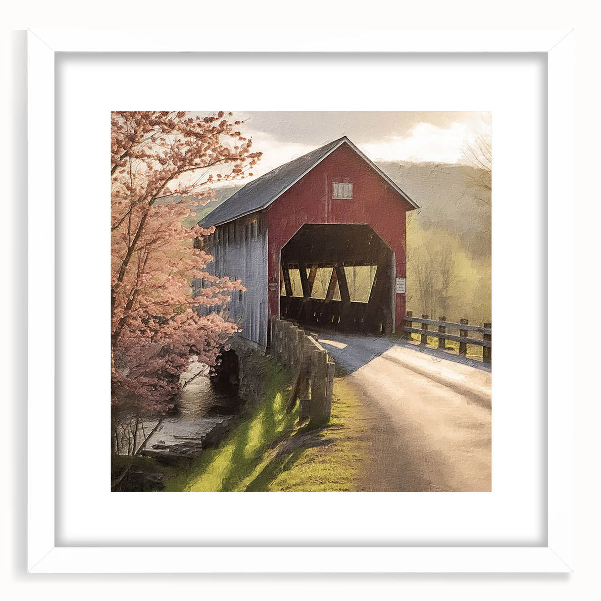 Abstract art print of a covered bridge in muted gray and blue tones on a framed white mat, ideal for dining room decor.