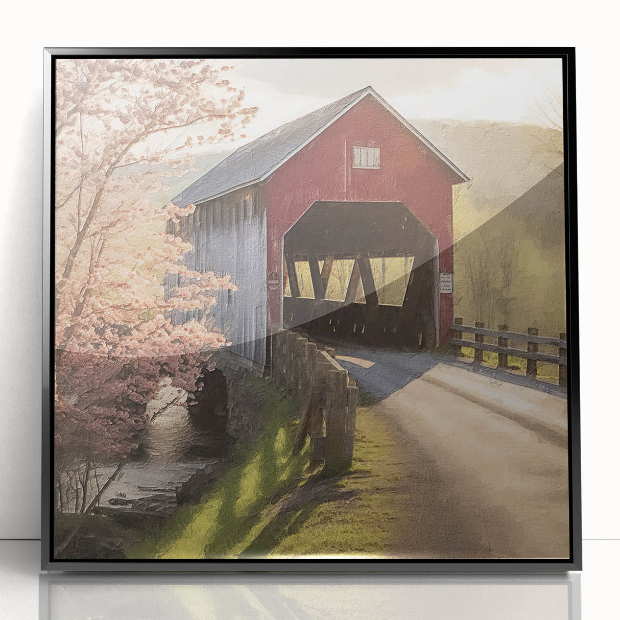 Large abstract wall art featuring a mid-century modernist covered bridge design in black and gray tones on framed acrylic.