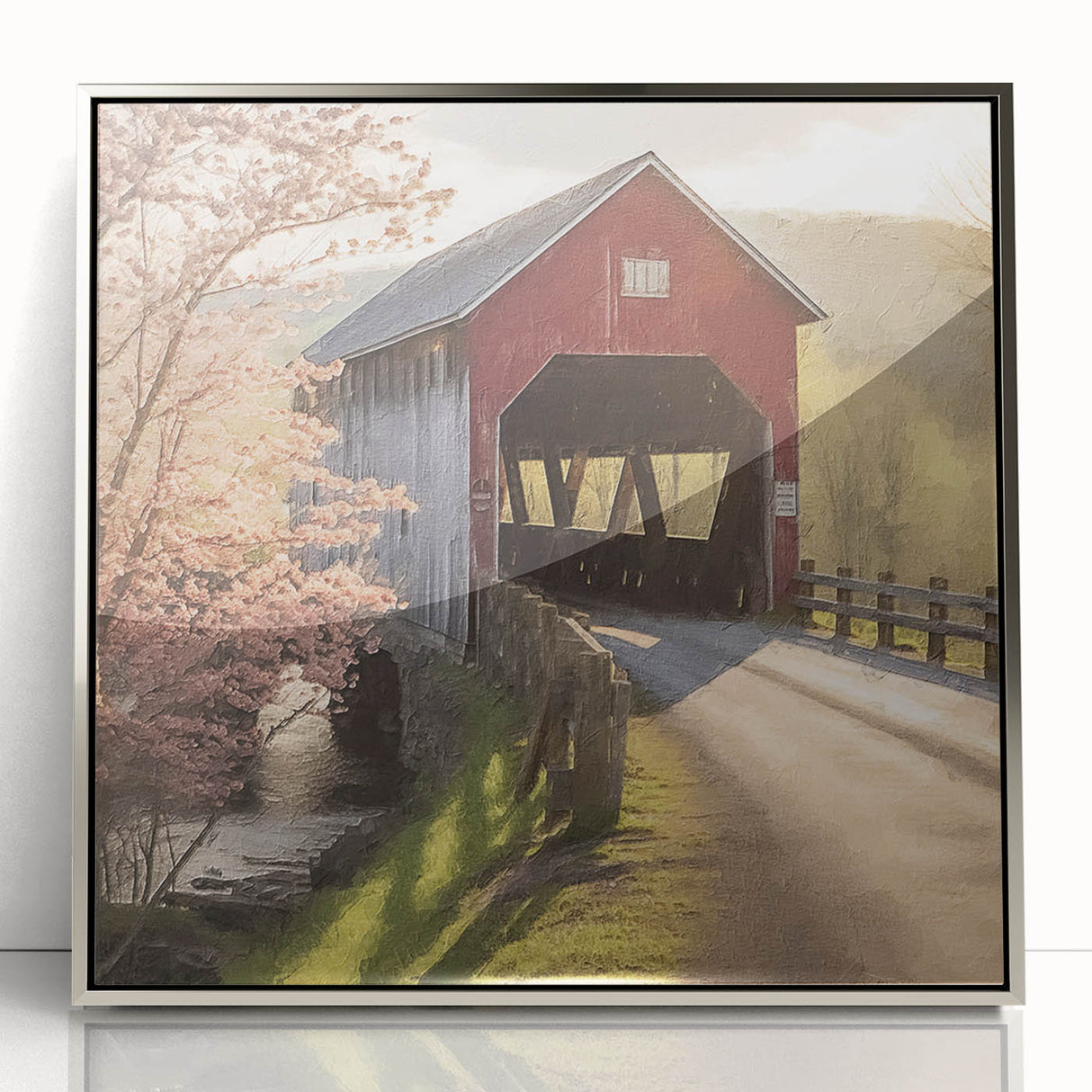 Mid-century modernist covered bridge in muted gray tones, acrylic print, ideal for nursery wall art.
