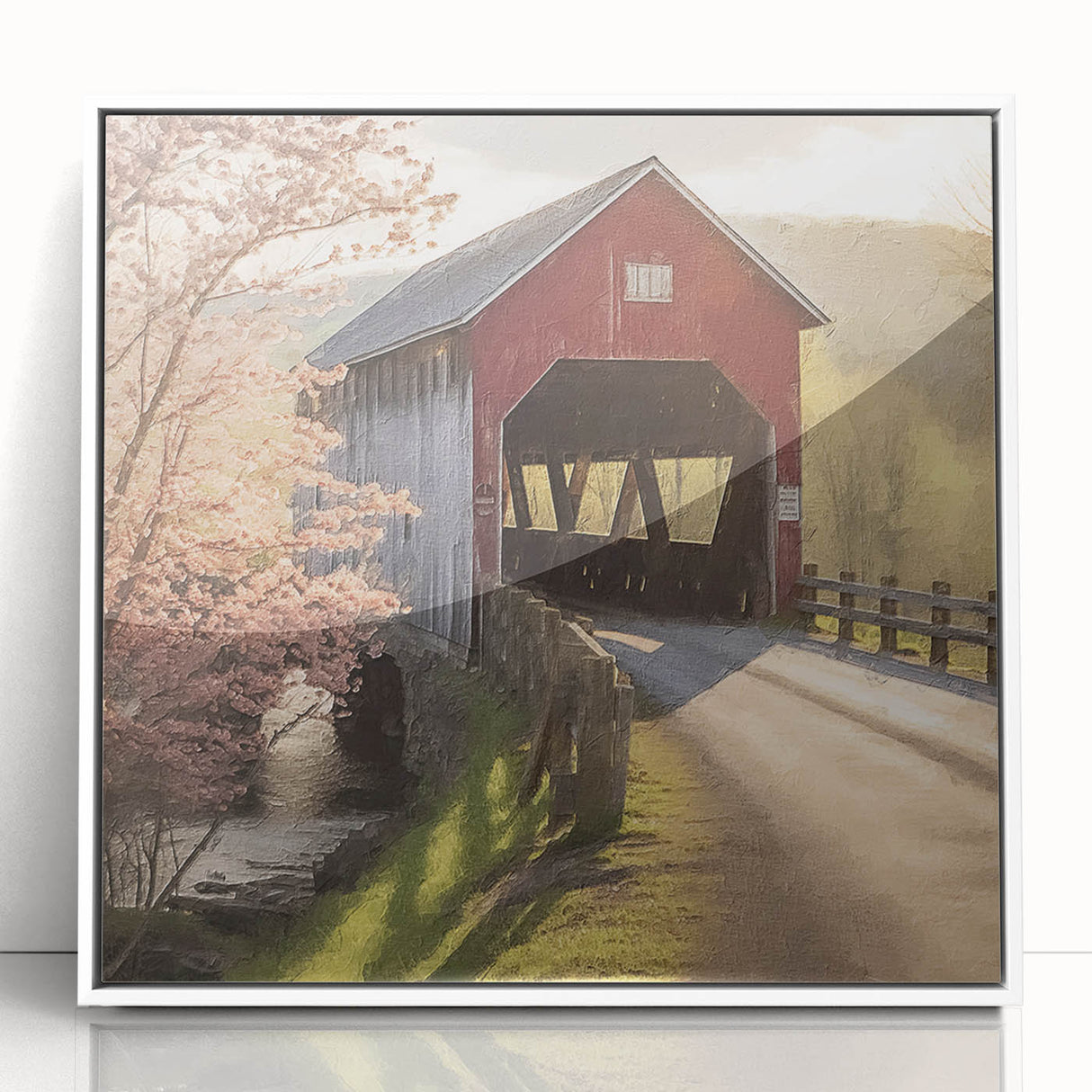 Art deco poster of a covered bridge in muted gray and blue tones, framed acrylic, ideal for modern nursery decor.