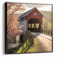 Black and white framed canvas of a vintage-style covered bridge in a landscape setting, suitable for bedroom wall decor.
