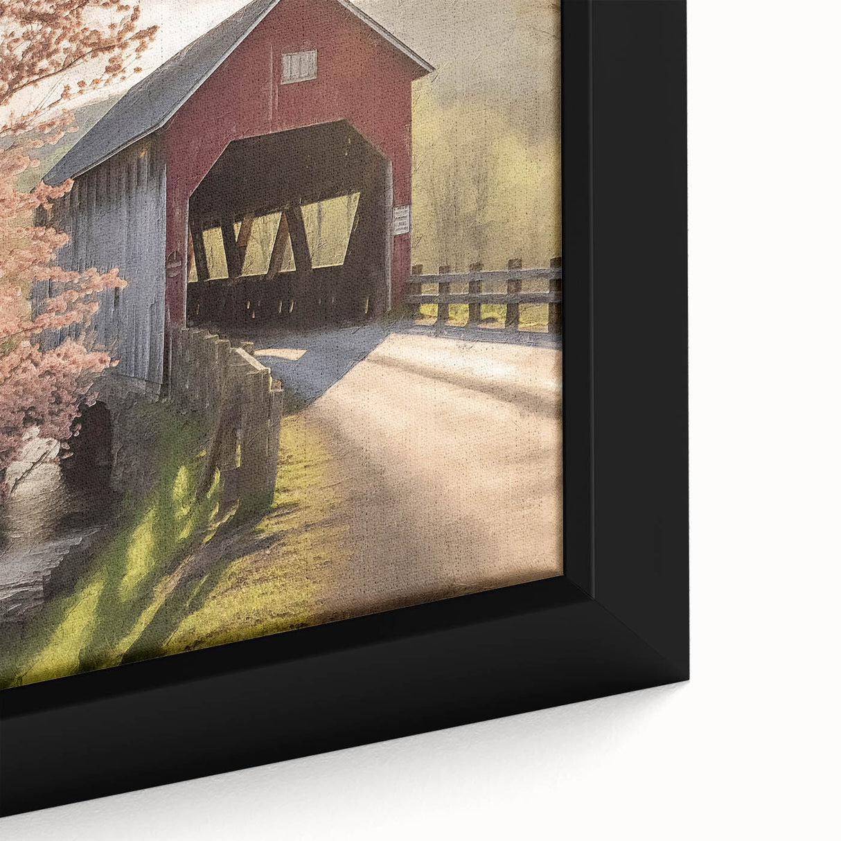 Extra large framed canvas featuring a close-up of a black covered bridge with colorful, textured art.