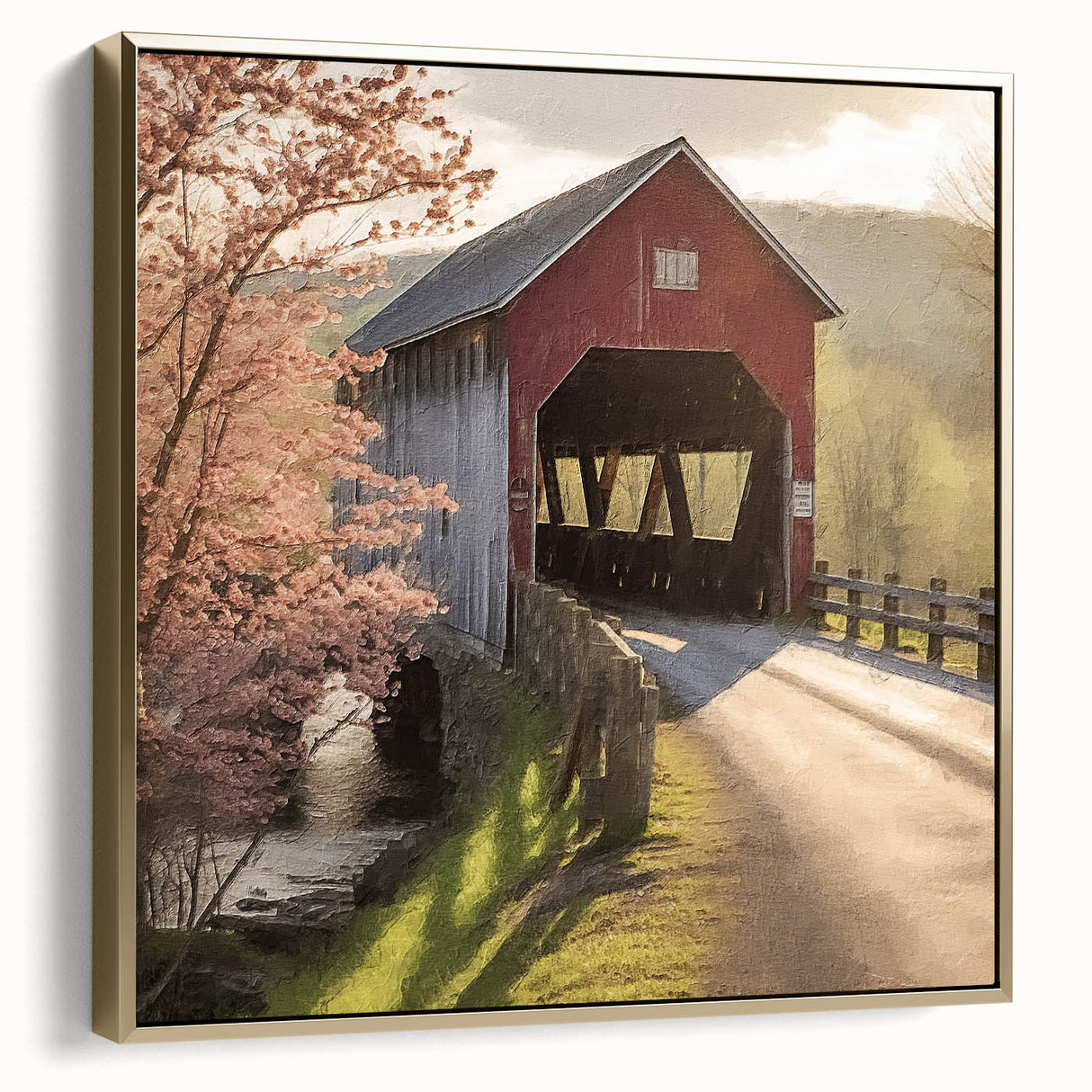 Framed canvas featuring a vintage-style landscape painting of a covered bridge in silver and gold tones.