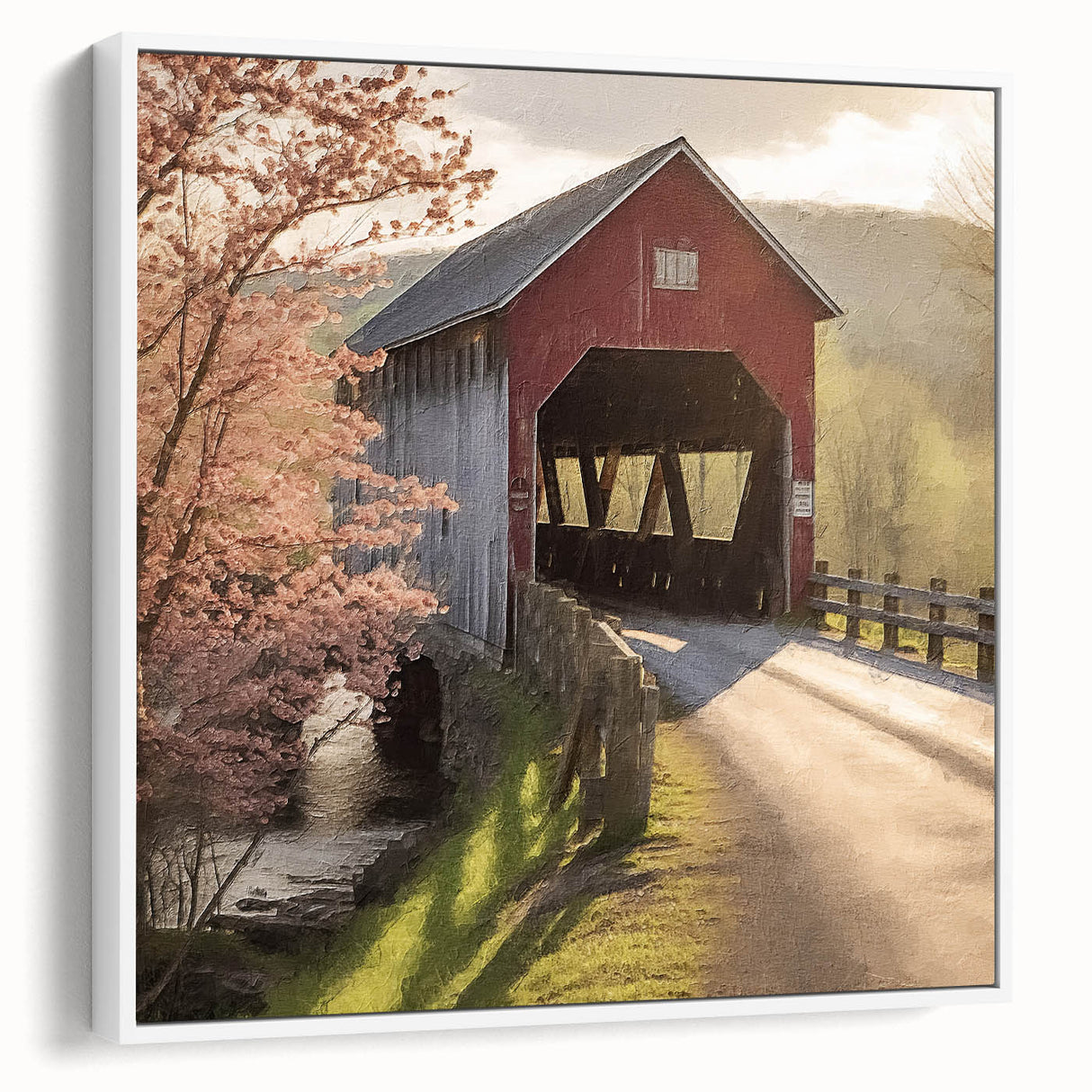 Framed canvas of a vintage poster art featuring a covered bridge in vibrant colors, ideal for living room decor.