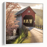 Framed canvas of a vintage poster art featuring a covered bridge in vibrant colors, ideal for living room decor.
