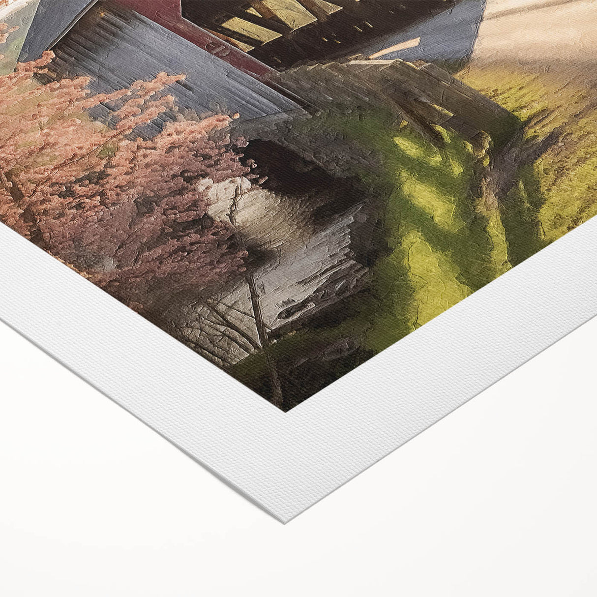 Art deco poster of a covered bridge in muted gray tones on rolled canvas, suitable for dining room decor.