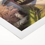 Art deco poster of a covered bridge in muted gray tones on rolled canvas, suitable for dining room decor.