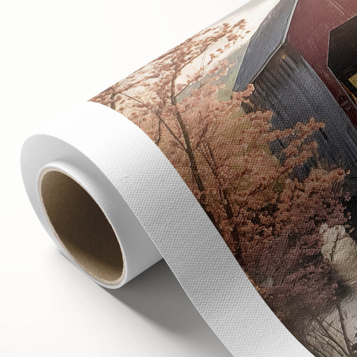 Art Deco style poster of a covered bridge in muted green and brown tones on rolled canvas, ideal for nursery wall art.