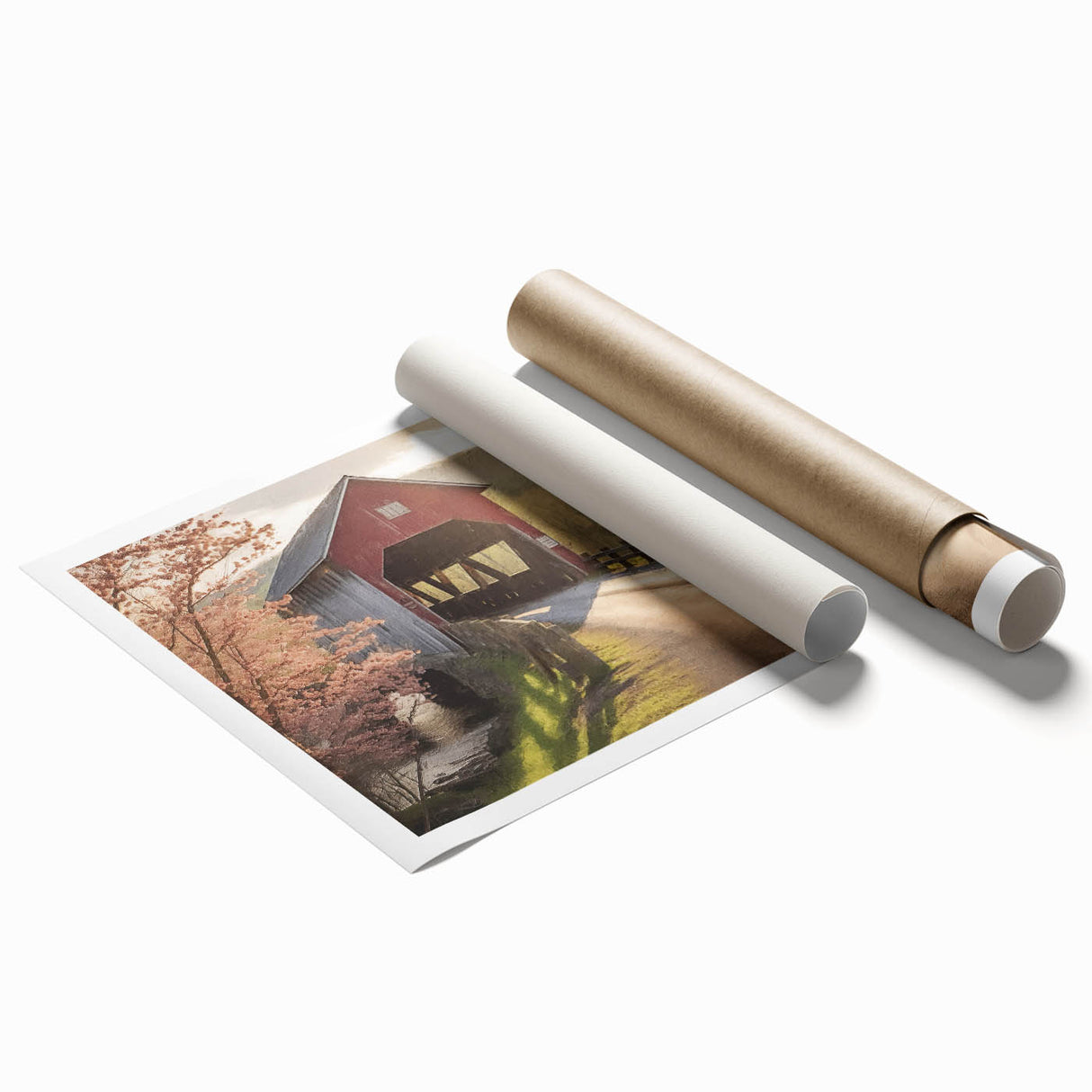 Extra large rolled print of a covered bridge in muted earth tones, ideal for classy bathroom wall art.