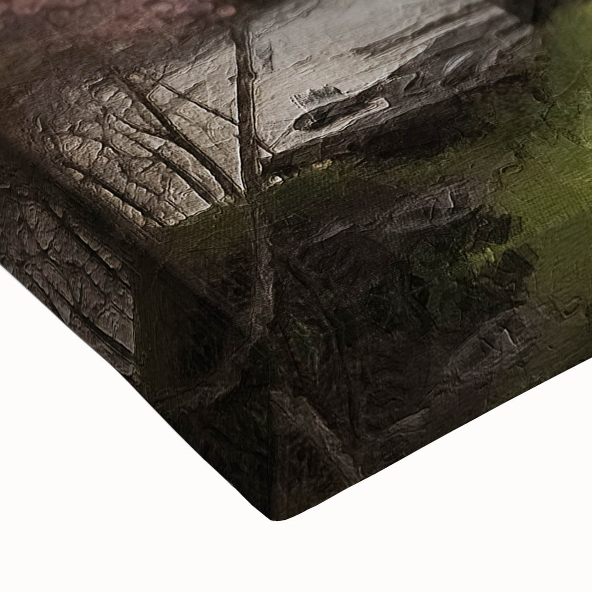Black and white landscape painting of a covered bridge on stretched canvas, ideal for bedroom wall art.