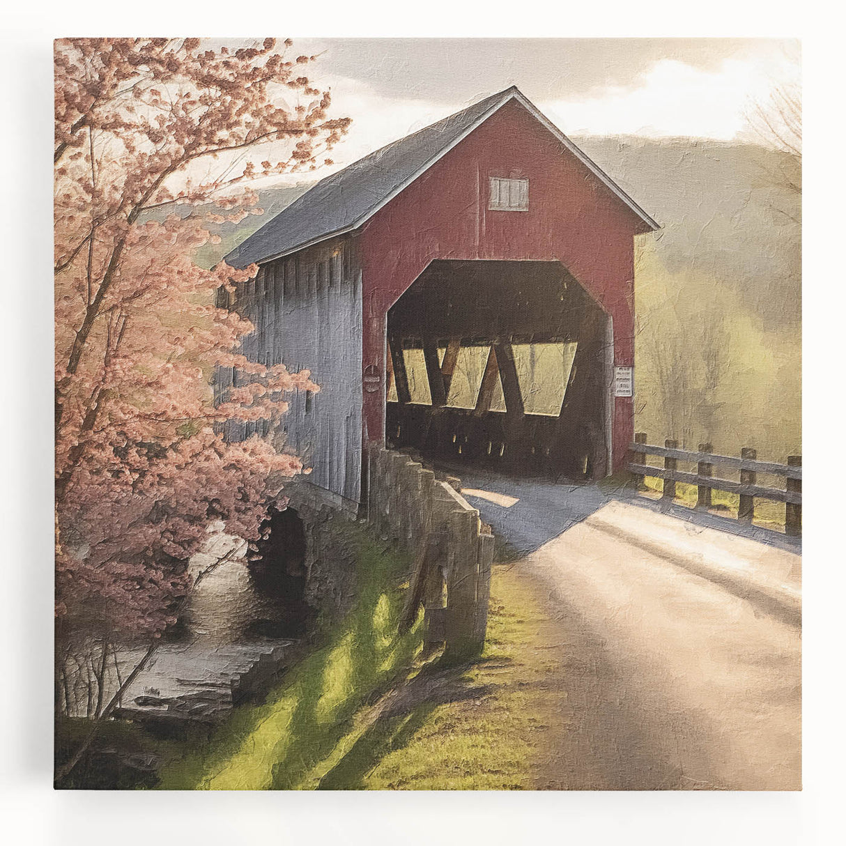 Black and white image of a covered bridge on stretched canvas, ideal for kitchen wall art.