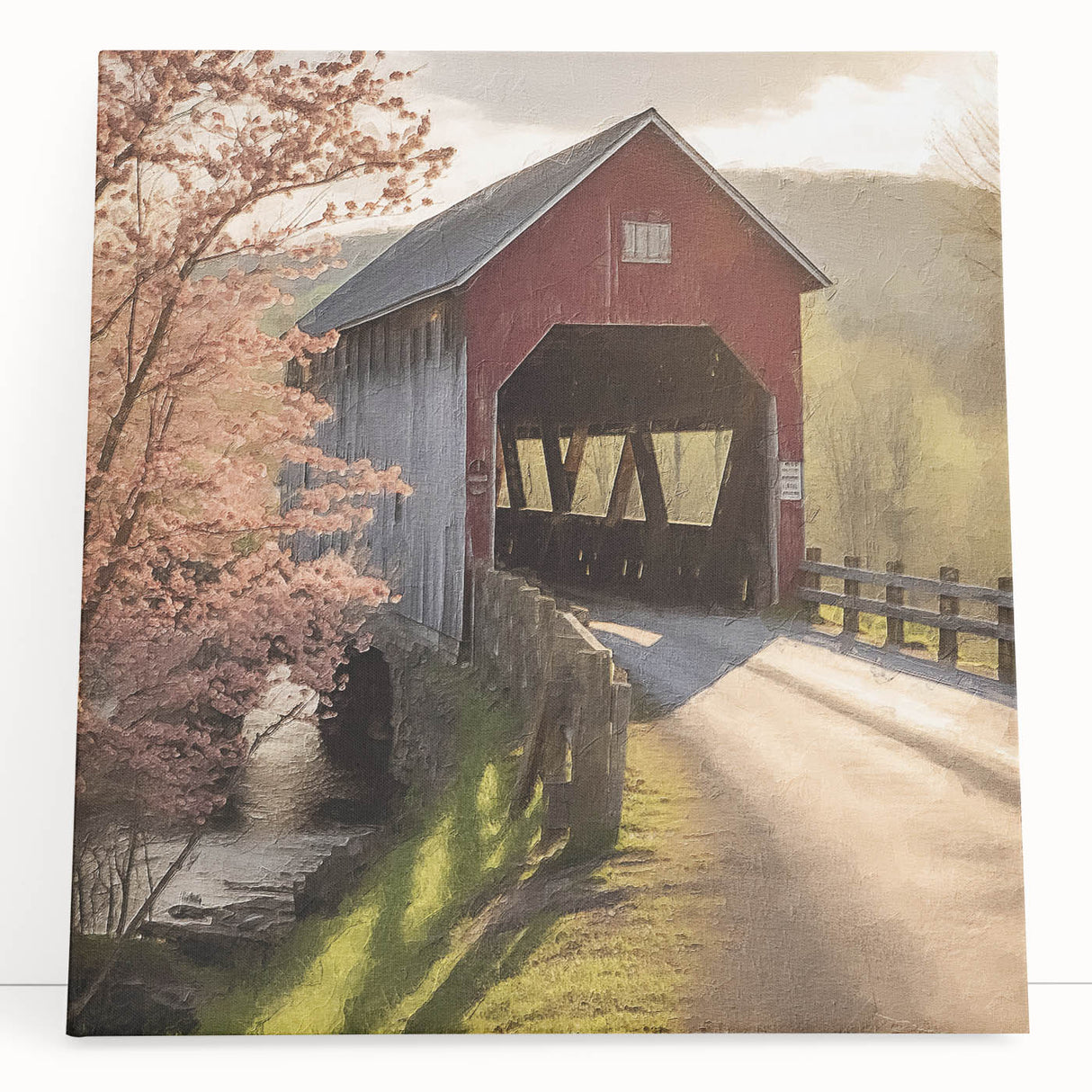 Black and white photograph of a covered bridge on stretched canvas, suitable as large kitchen wall art or bedroom decor.