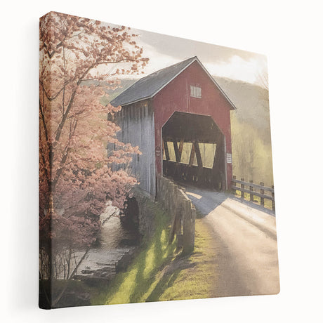 Side view of a stretched canvas featuring a covered bridge in muted earth tones, ideal for kitchen wall art.
