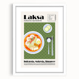 Abstract art print featuring assorted food dishes in vibrant colors on a white framed mat, ideal for dining room decor.