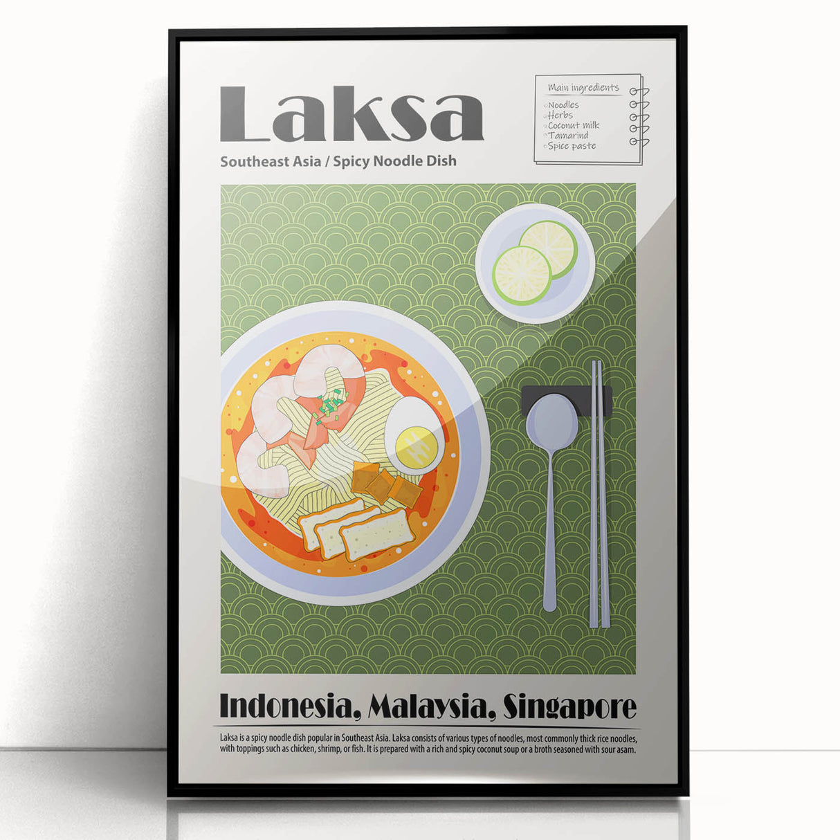 Large abstract wall art featuring an array of food dishes in mid-century modernist style, encased in a black acrylic frame.
