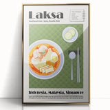 Large acrylic print of various food dishes in gold frame, featuring mid-century modernist style.