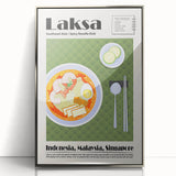 Mid-century modernist art depicting various food dishes in vibrant colors on a silver-framed acrylic print.