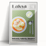 Acrylic print of various food dishes in art deco style with a white frame, suitable for modern kitchen decor.