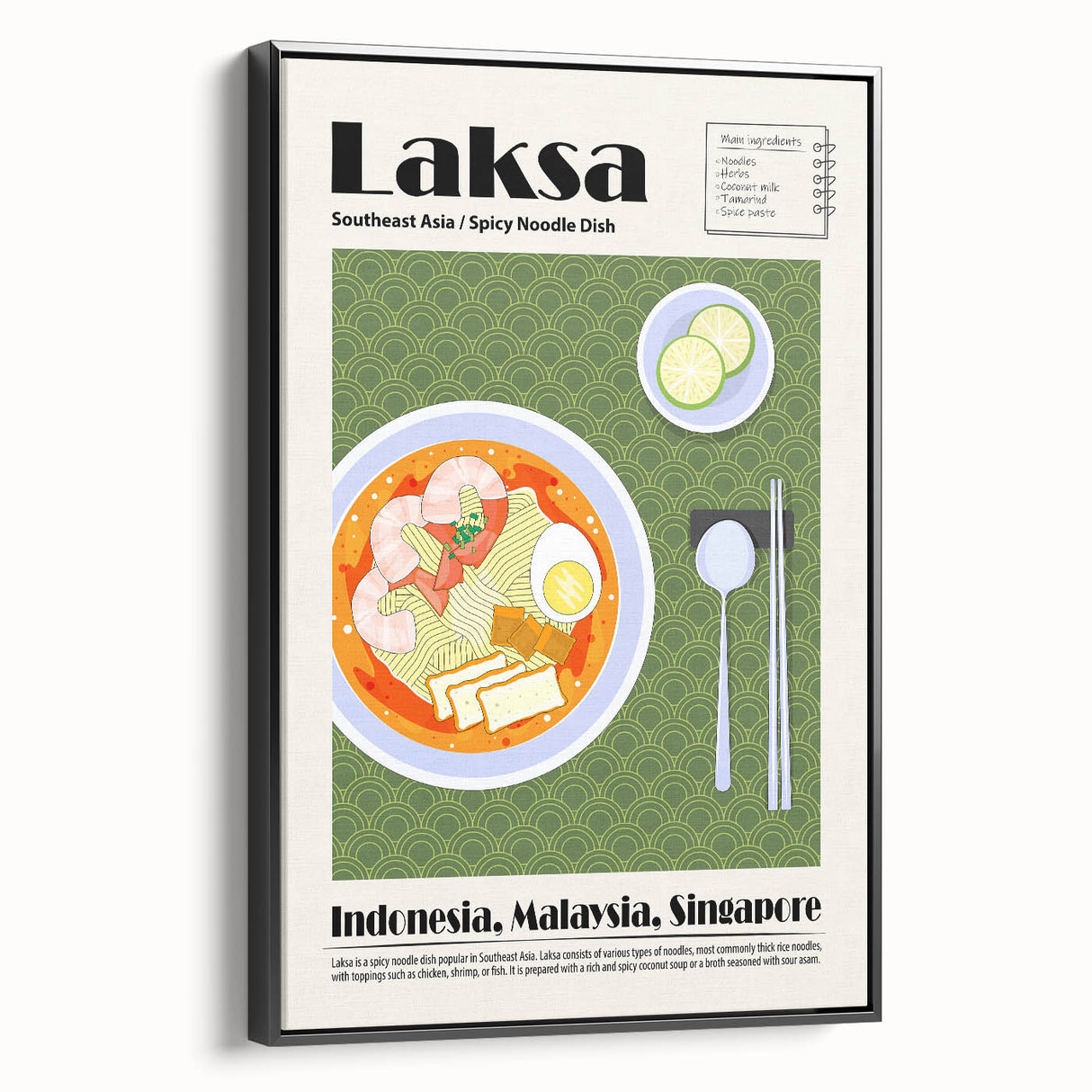 Black and white framed canvas featuring a variety of vintage-style food dishes, ideal for bedroom wall decor.