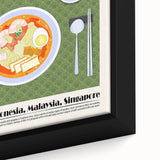 Close-up of a black framed canvas featuring an array of colorful, textured food dishes.