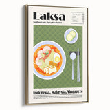 Framed canvas featuring vintage poster art of assorted food dishes in black, ideal for bedroom wall decor.