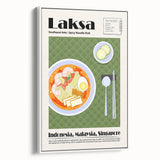 Vintage poster art of assorted colorful food dishes on a white framed canvas, ideal for extra large living room wall decor.