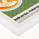 Art deco poster featuring an array of colorful food dishes on rolled canvas, suitable for dining room decor.