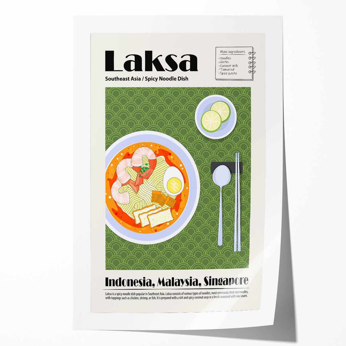 Extra large rolled print of assorted food dishes in vibrant colors, ideal for dining room wall art.