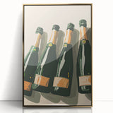 Large art print of a mid-century modernist food and drinks scene in gold tones on framed acrylic.