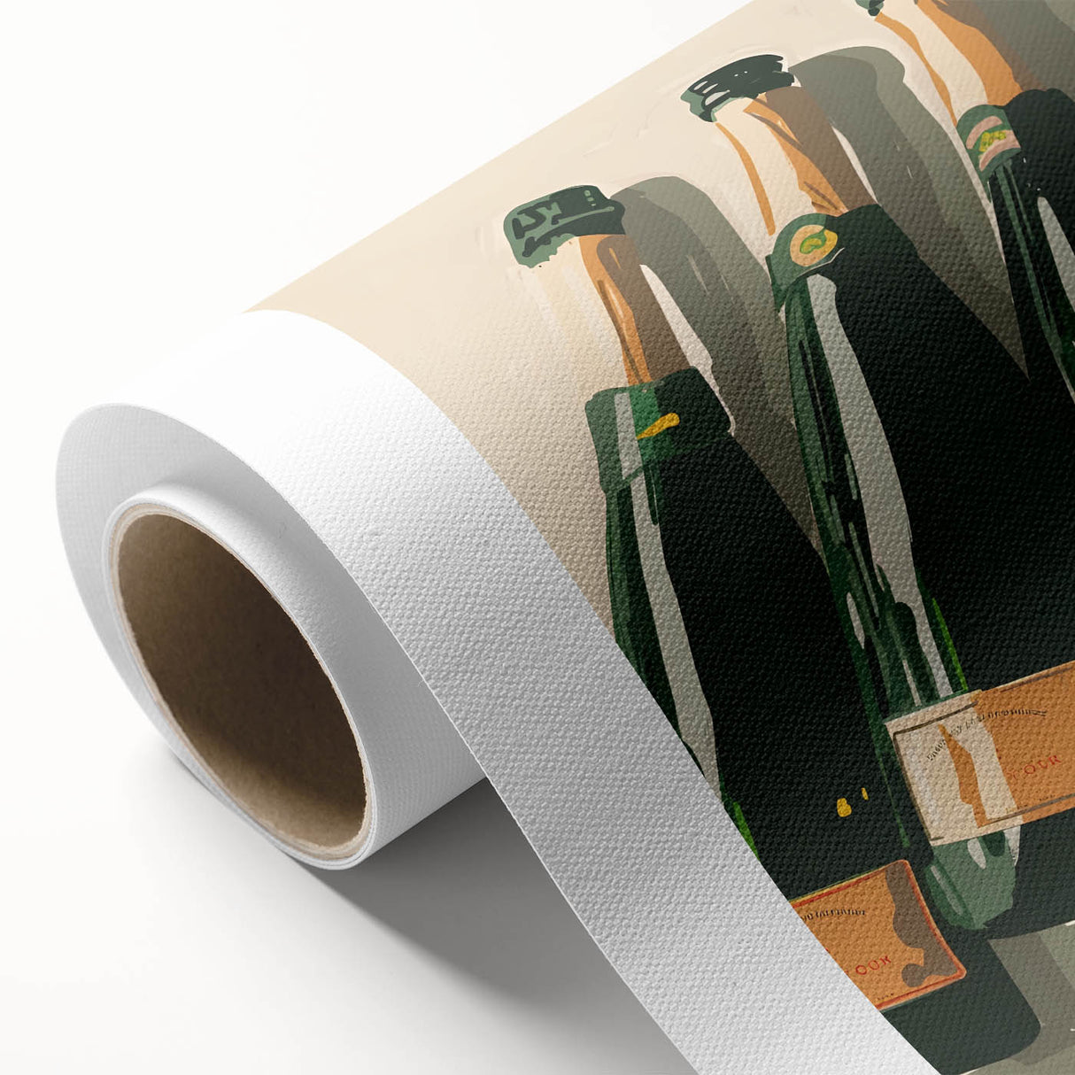 Art deco poster featuring stylized fruits in bold orange and yellow tones on a rolled canvas.