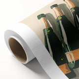 Art deco poster featuring stylized fruits in bold orange and yellow tones on a rolled canvas.