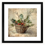 Christmas Framed Art - Festive Holly Basket Holiday Decor Prints