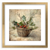 Christmas Framed Art - Festive Holly Basket Holiday Decor Prints
