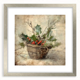 Christmas Framed Art - Festive Holly Basket Holiday Decor Prints