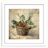 Christmas Framed Art - Festive Holly Basket Holiday Decor Prints